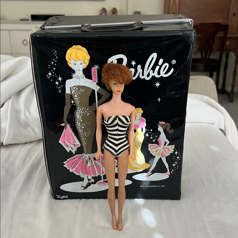 1960s Bubble Cut Barbie Black & White Striped Swimsuit Doll with Box
